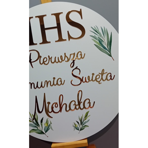 Tablica z gałązką oliwną nadruk IHS komunijna Pierwsza Komunia Święta + imię personalizowana złote napisy
