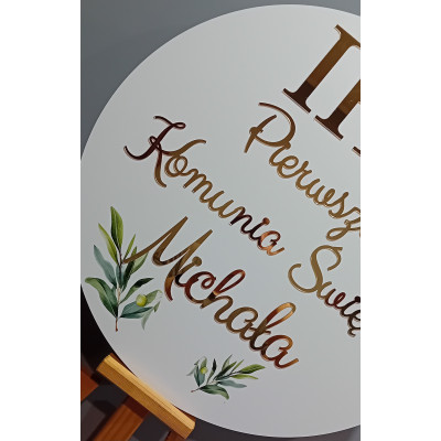 Tablica z gałązką oliwną nadruk IHS komunijna Pierwsza Komunia Święta + imię personalizowana złote napisy