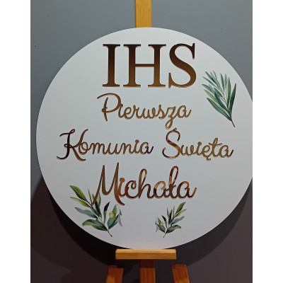 Tablica z gałązką oliwną nadruk IHS komunijna Pierwsza Komunia Święta + imię personalizowana złote napisy