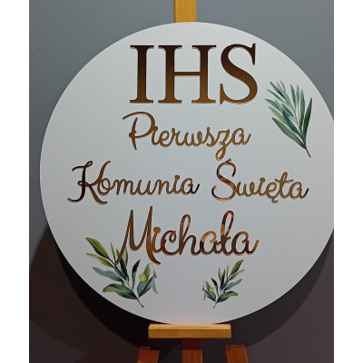 Tablica z gałązką oliwną nadruk IHS komunijna Pierwsza Komunia Święta + imię personalizowana złote napisy