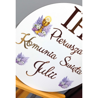 Tablica komunijna lawenda fioletowa nadruk IHS komunijna Pierwsza Komunia Święta + imię personalizowana złote napisy
