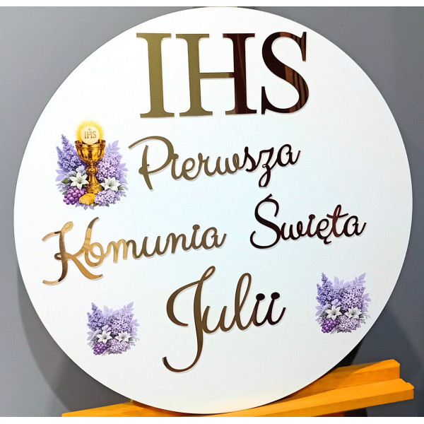Tablica komunijna lawenda fioletowa nadruk IHS komunijna Pierwsza Komunia Święta + imię personalizowana złote napisy