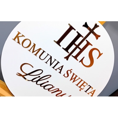 Tablica komunijna IHS Pierwsza Komunia Święta + imię personalizowana złote napisy
