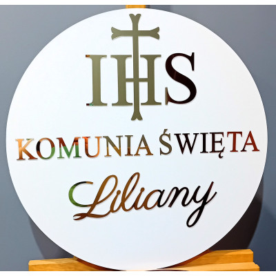 Tablica komunijna IHS Pierwsza Komunia Święta + imię personalizowana złote napisy