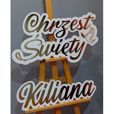 Duży napis na ściankę Chrzest Święty ze złotymi lustrzanymi literami + imię- dekoracja ścianki balonowej dla dziecka.