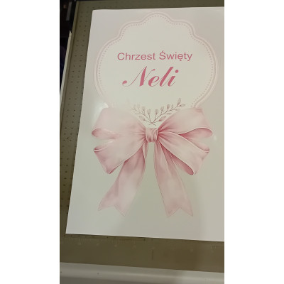 Naklejka samoprzylepna z nadrukiem UV na ściankę napis Chrzest Święty + imię różowa niebieska kokarda