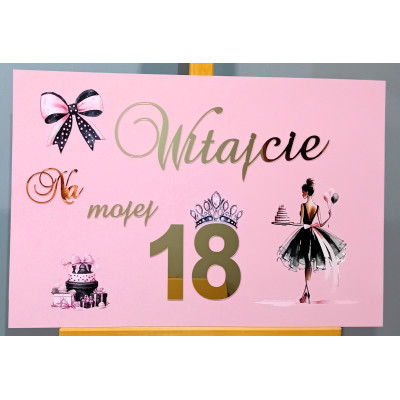 Tablica powitalna Witajcie na mojej 18 dla dziewczyny różowa kobieca 60 cm duża
