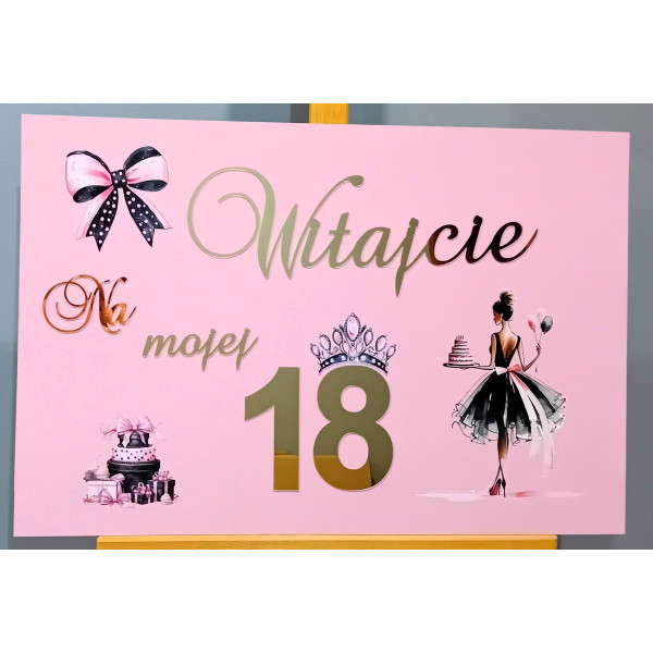 Tablica powitalna Witajcie na mojej 18 dla dziewczyny różowa kobieca 60 cm duża
