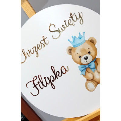 Tablica Chrzest Święty + imię niebieski misiek miś nadruk uv personalizowana złote napisy