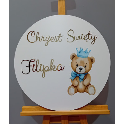 Tablica Chrzest Święty + imię niebieski misiek miś nadruk uv personalizowana złote napisy